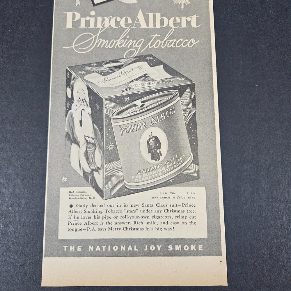 1948 Prince Albert Smoking Tobacco Christmas Gift Tag Box Santa Vintage Print Ad
